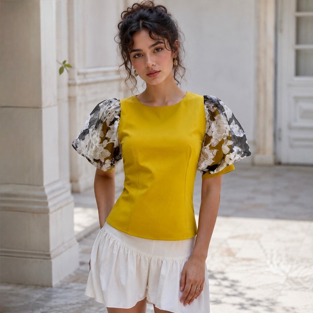 Xtaren Mustard Yellow Floral Organza Puff Sleeve Top Coquette Whimsigoth Sz S
